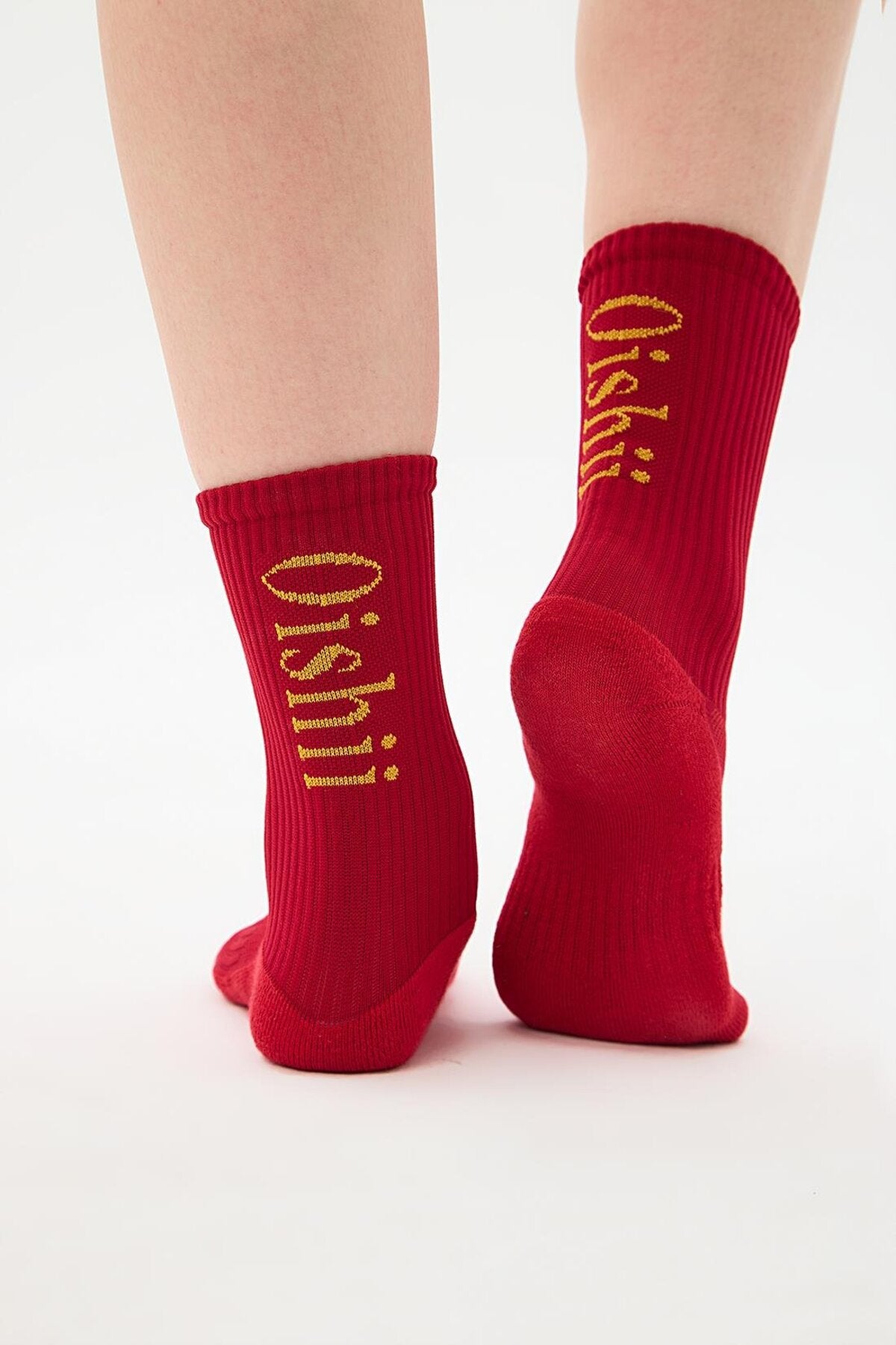 Oishii Spor Soket Çorap Yarım Havlu Dik Sarı Desen Kırmızı