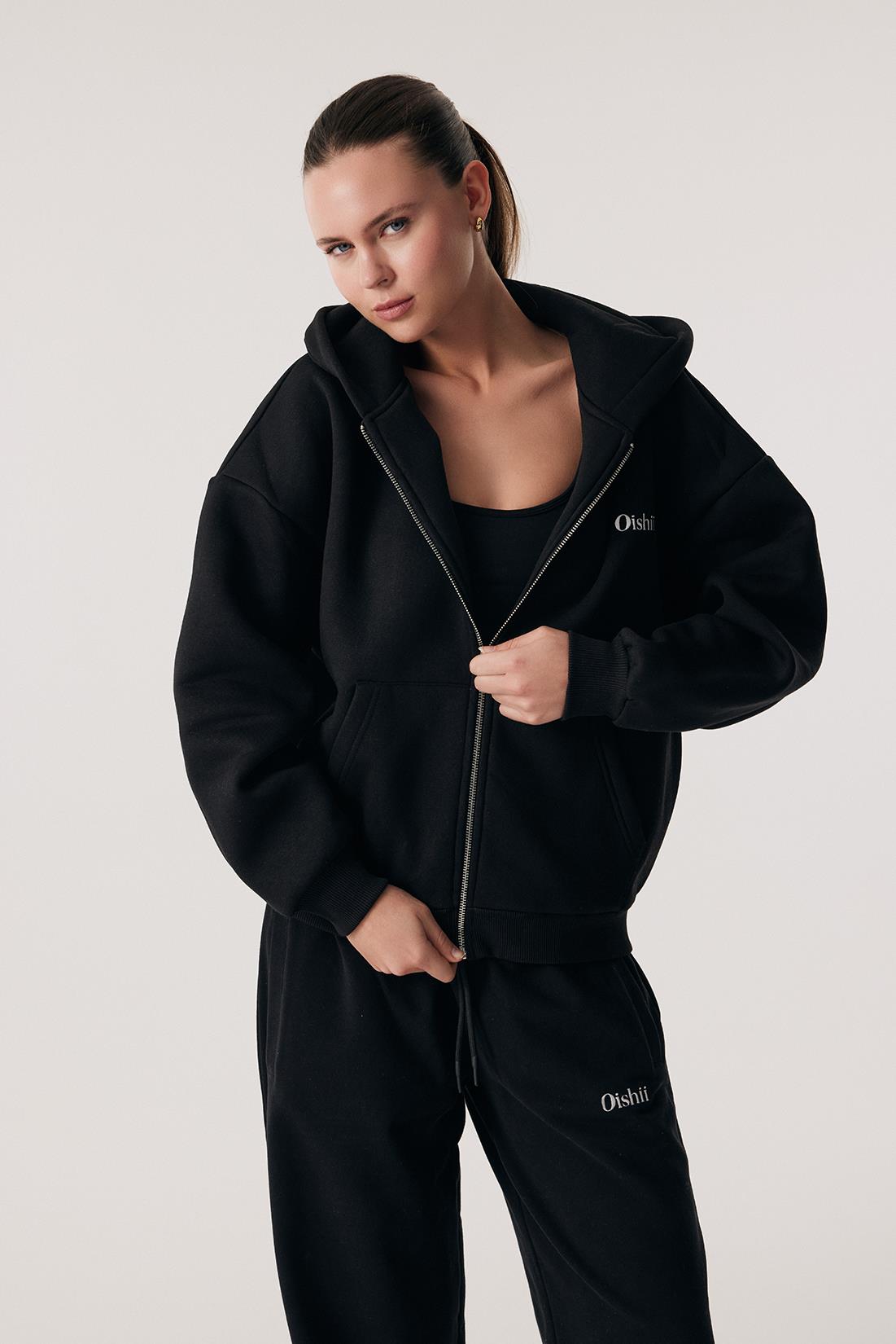 Oishii Rei Loungewear Fermuarlı ve Kapşonlu Sweatshirt Siyah