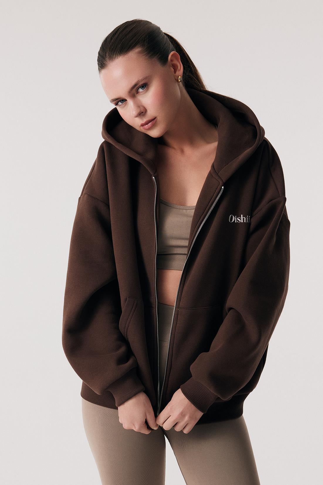 Oishii Rei Loungewear Fermuarlı ve Kapşonlu Sweatshirt Kahve