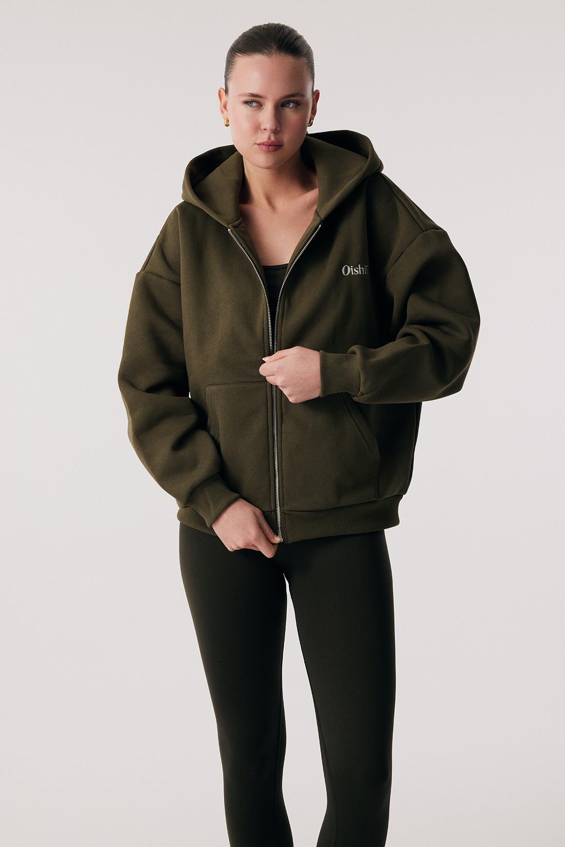 Oishii Rei Loungewear Fermuarlı ve Kapşonlu Sweatshirt Deep Olive