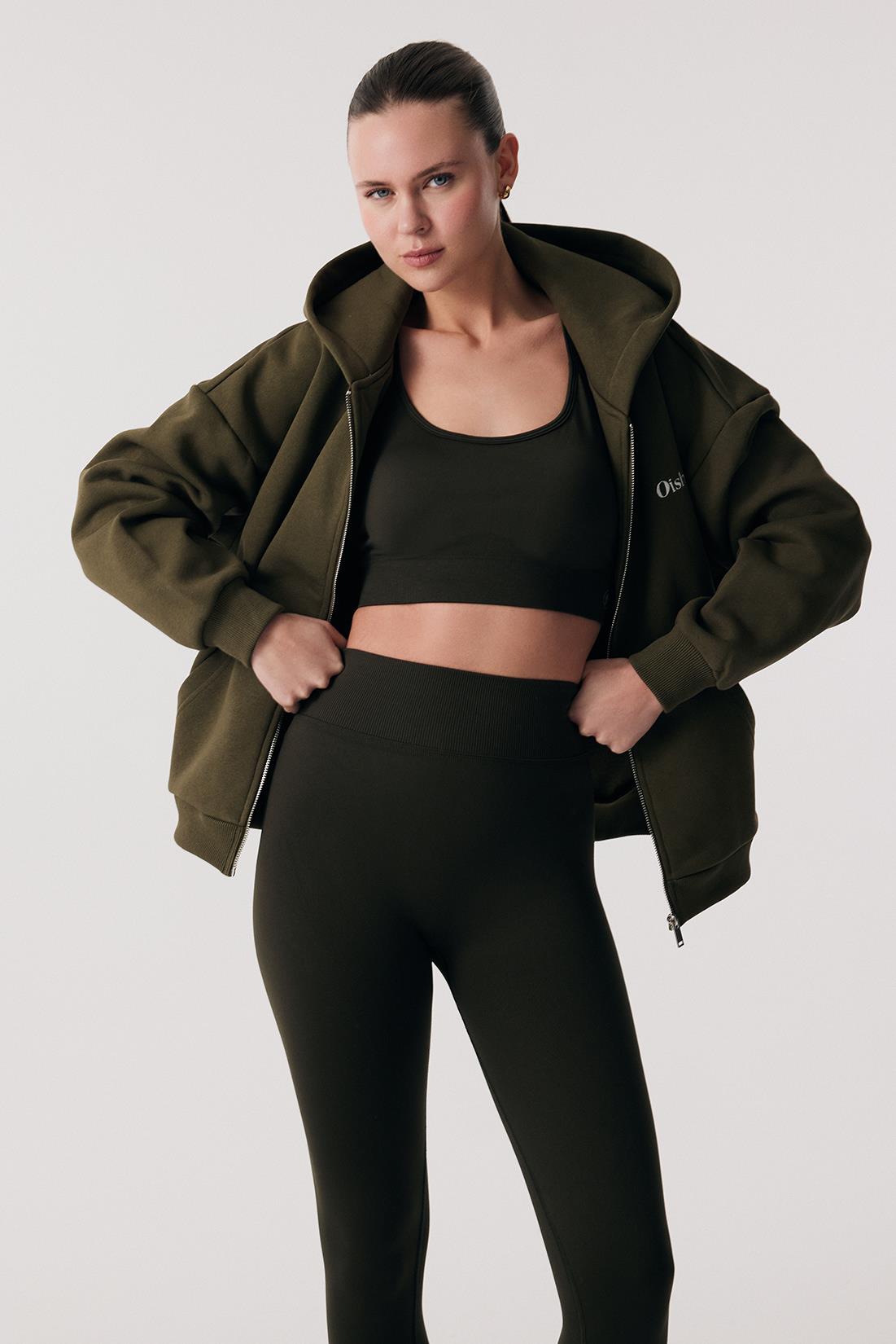 Oishii Rei Loungewear Fermuarlı ve Kapşonlu Sweatshirt Deep Olive