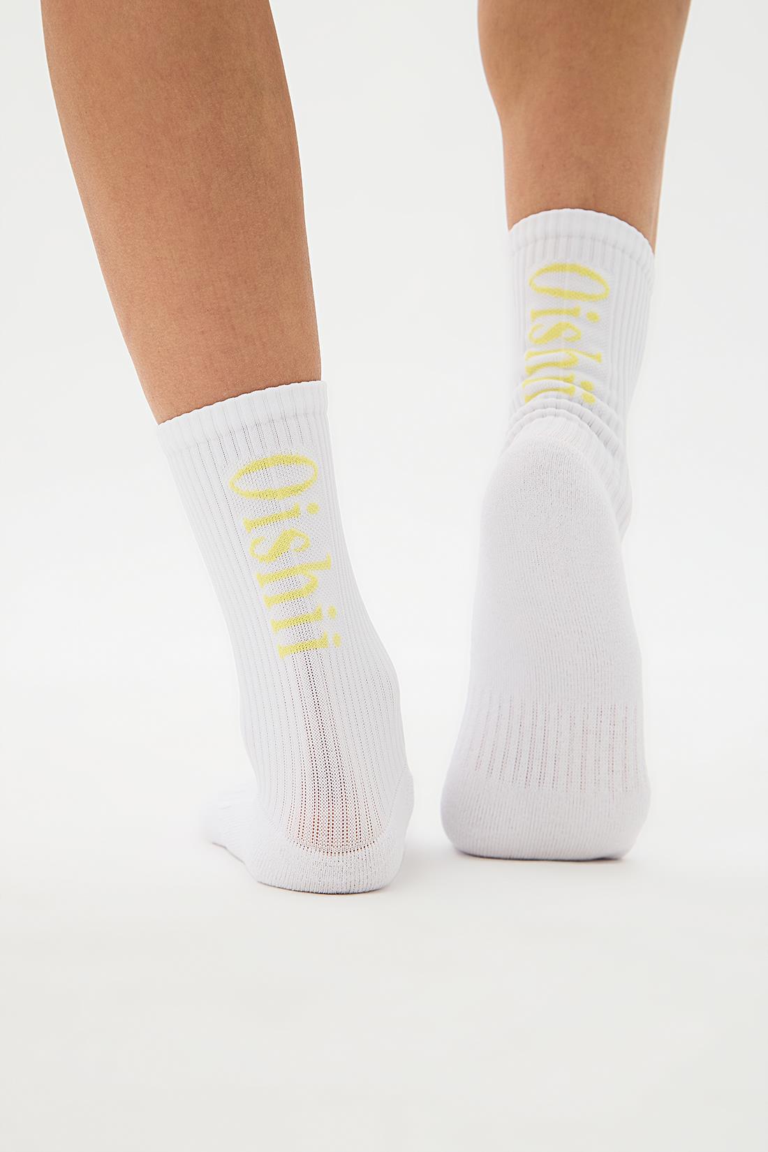 Oishii Spor Soket Çorap Yarım Havlu Dik Sarı Desen Beyaz