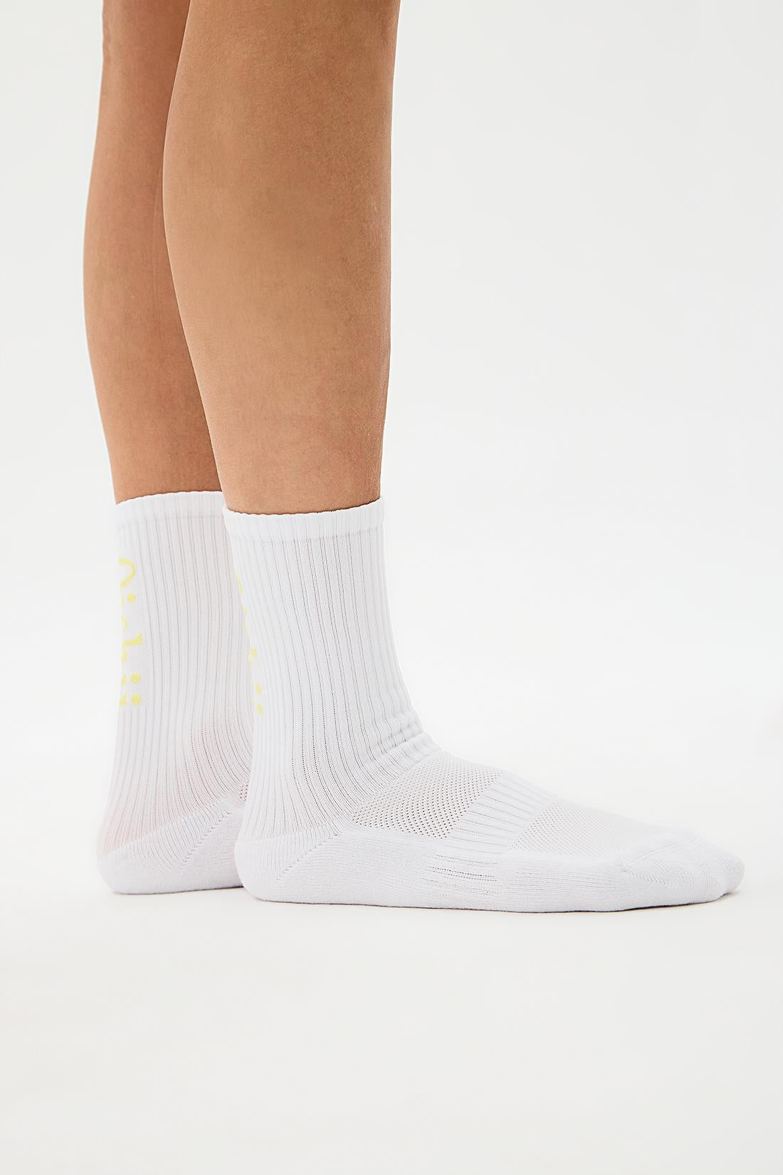 Oishii Spor Soket Çorap Yarım Havlu Dik Sarı Desen Beyaz