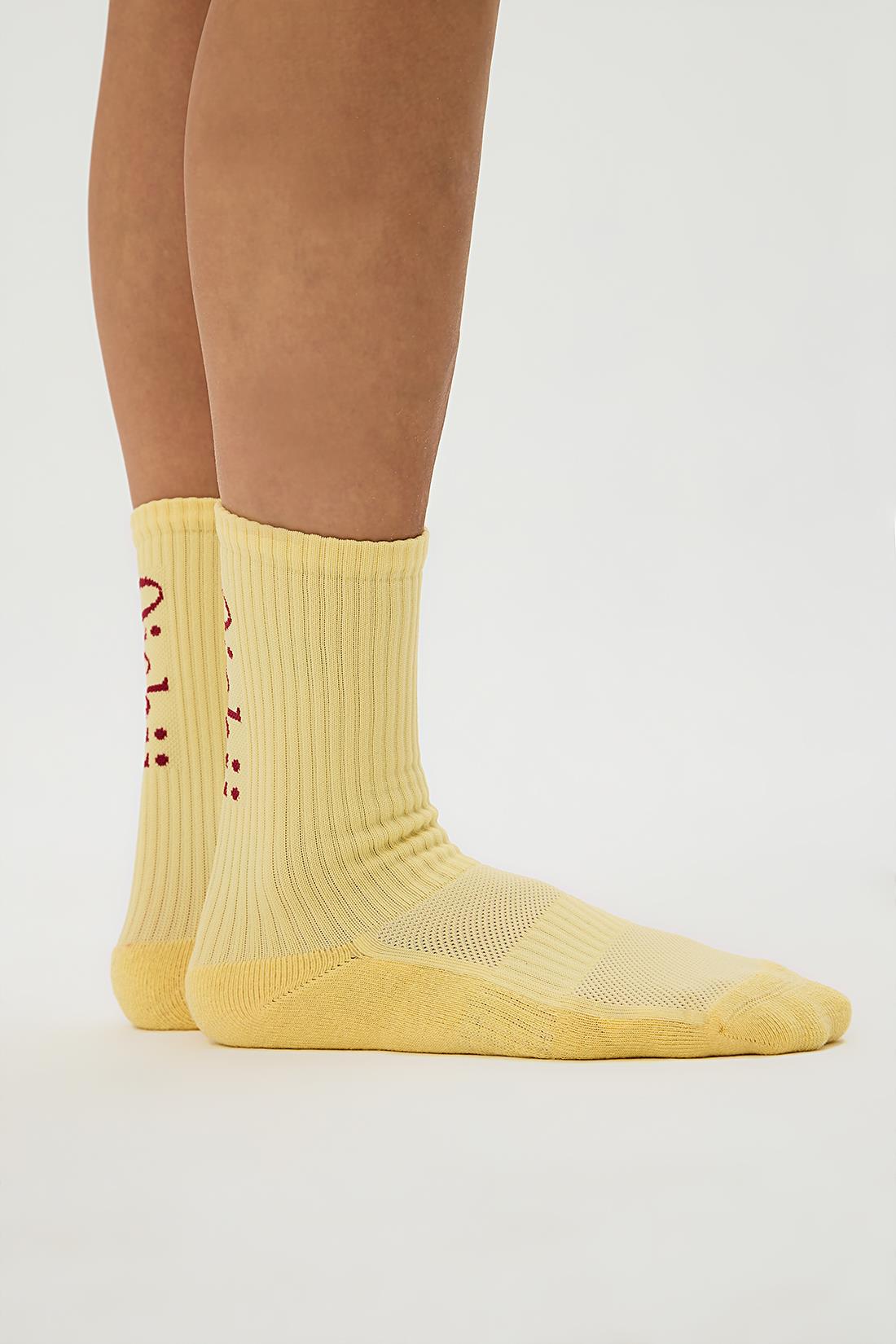 Oishii Spor Soket Çorap Yarım Havlu Dik Bordo Desen Sarı