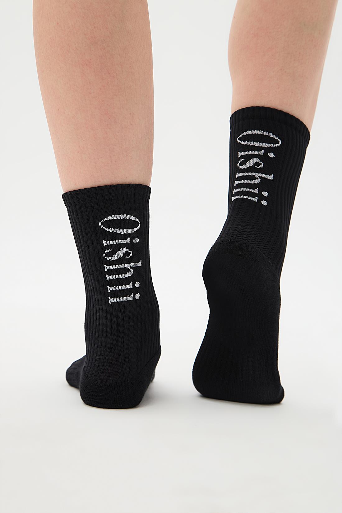 Oishii Spor Soket Çorap Yarım Havlu Dik Beyaz Desen Siyah
