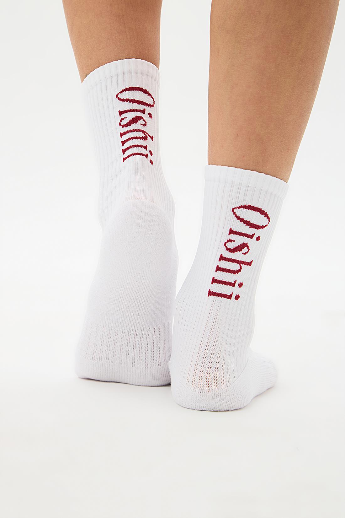 Oishii Spor Soket Çorap Yarım Havlu Dik Bordo Desen Beyaz
