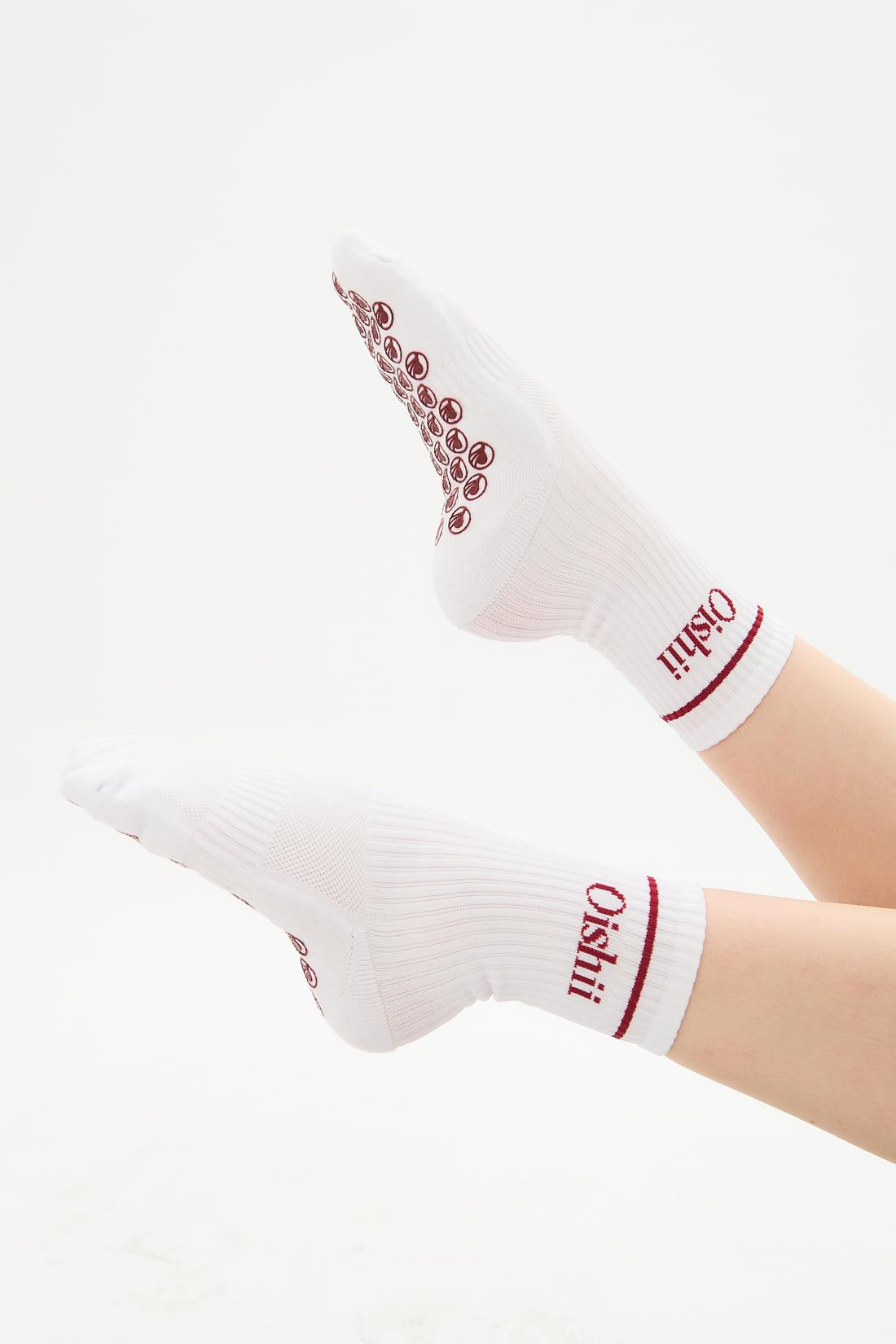Oishii Yoga Soket Çorap Yarım Havlu Çemberli Bordo Desen Beyaz